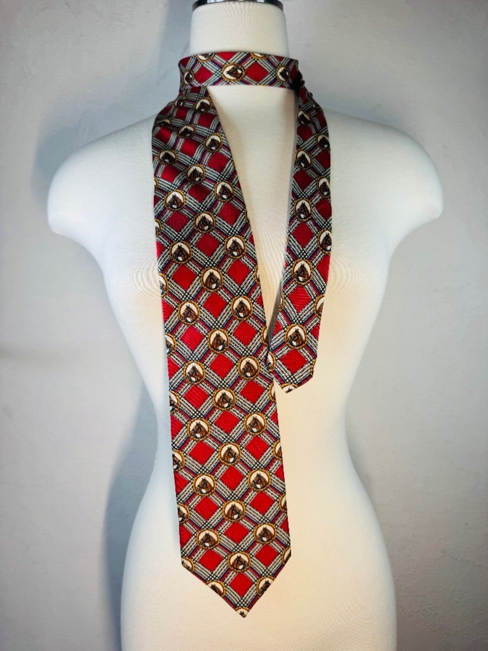 Longchamp Red and Gold Geometric Silk Tie